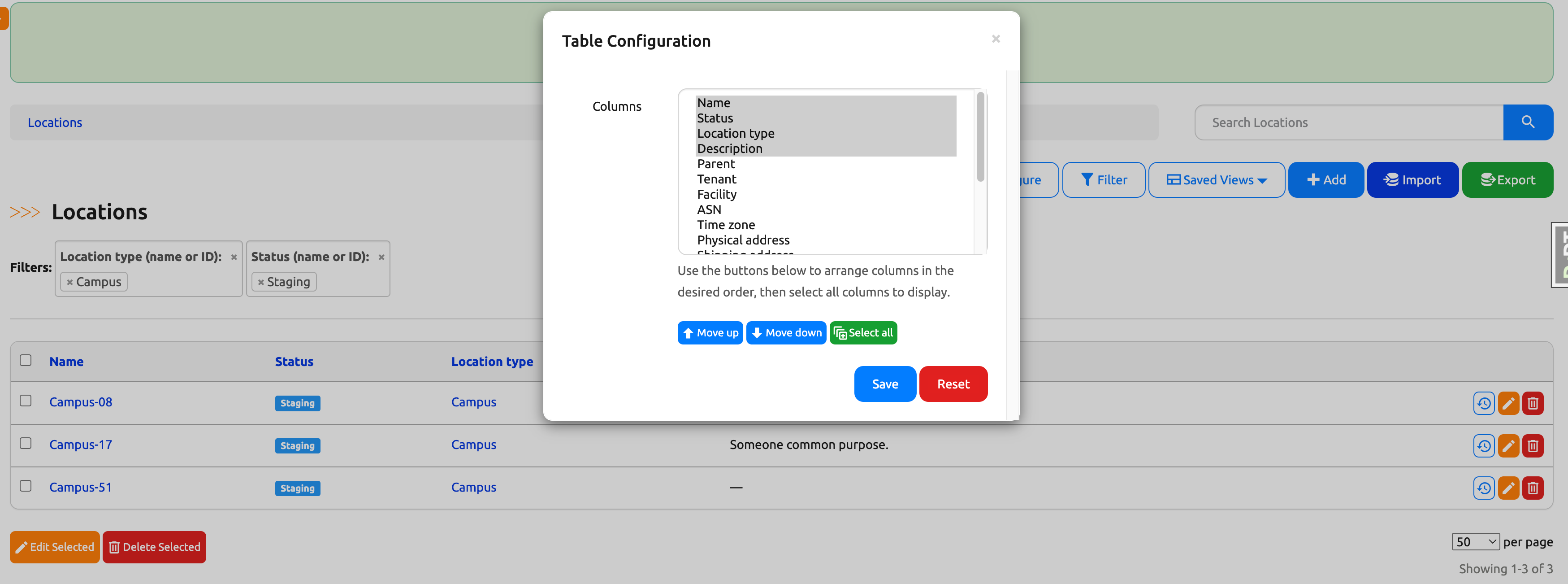Configure Table Columns to Location List View